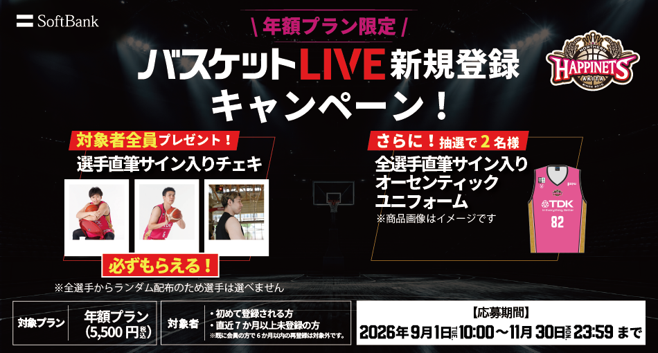 バスケットLIVE新規登録キャンペーン実施中！必ずもらえる！対象者全員に選手サイン入りチェキプレゼント！