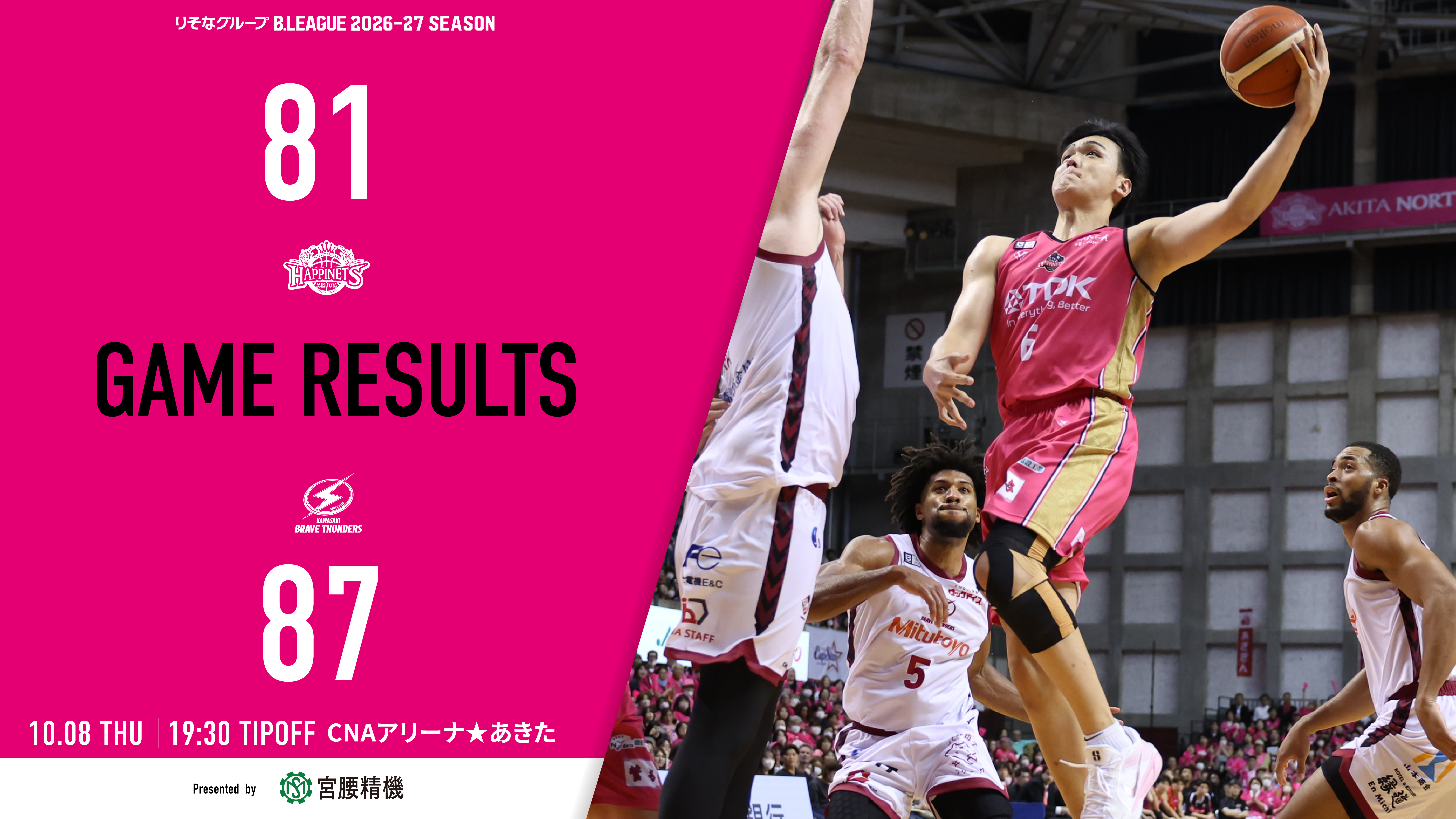 【試合結果】10/8（木）vs.川崎ブレイブサンダース@CNAアリーナ☆あきた