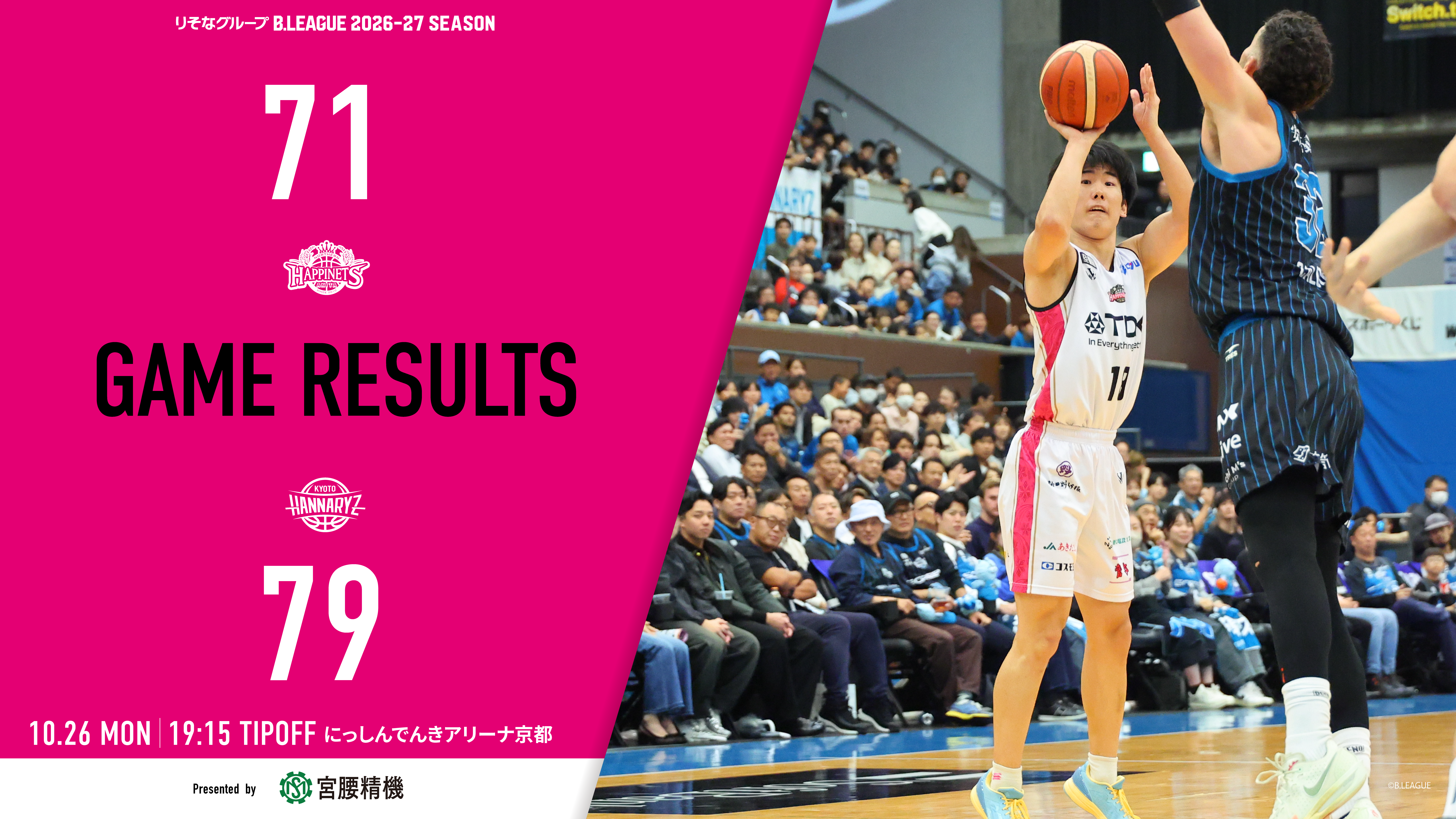 【試合結果】10/26（月）vs.京都ハンナリーズ@にっしんでんきアリーナ京都